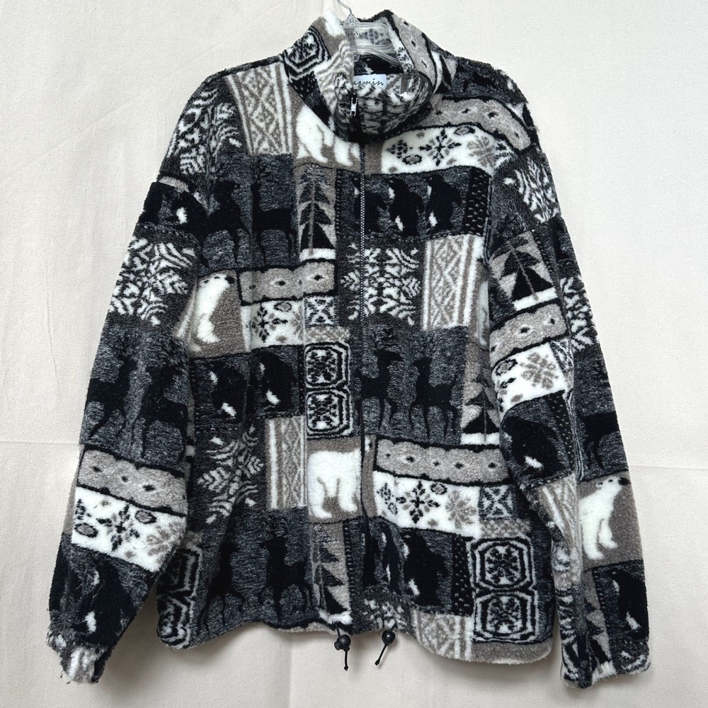 Vtg 90s Yasmin Alaska Cabin Wilderness Fleece‎ Jacket XL Animal Patchwork USA